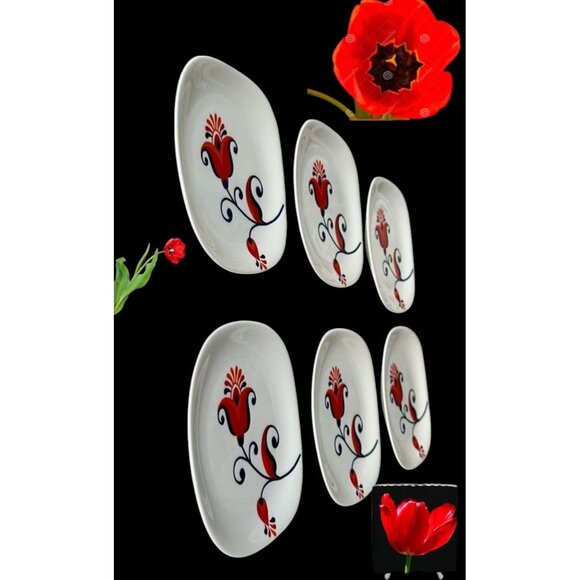 VTG 70s Block Langenthal Transition Bread Plates 6 piece Red Floral Pop Art - Picture 6 of 12